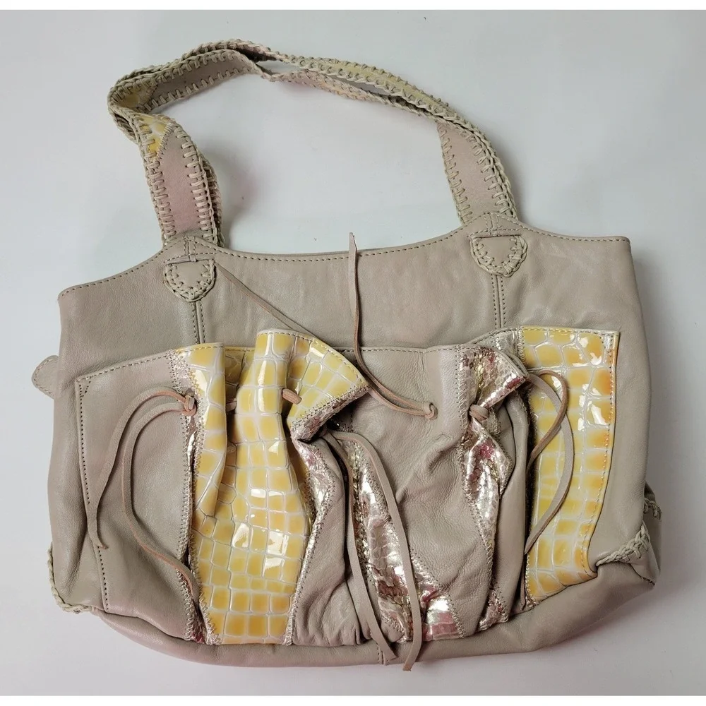 Chi‎ Snake Collage Satchel Bag Taupe Leather Patent Whipstitch Shoulder Bag